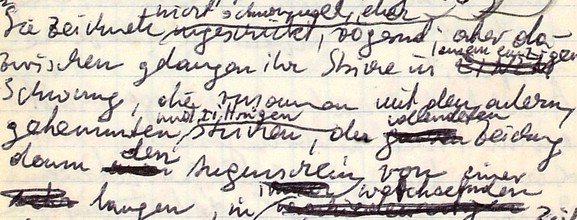 Auszug aus einem Notizbuch von Peter Handke (Notizbuch Juli–November 1979 mit Notizen zum Projekt „Ins tiefe Österreich“ und den daraus hervorgegangenen Werken: Über die Dörfer (Dramatisches Gedicht) und Die Wiederholung (DLA, A: Handke, Notizbuch 22))